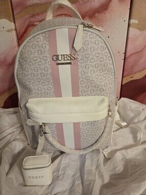 GUESS White & Pink Logo Stripe Backpack